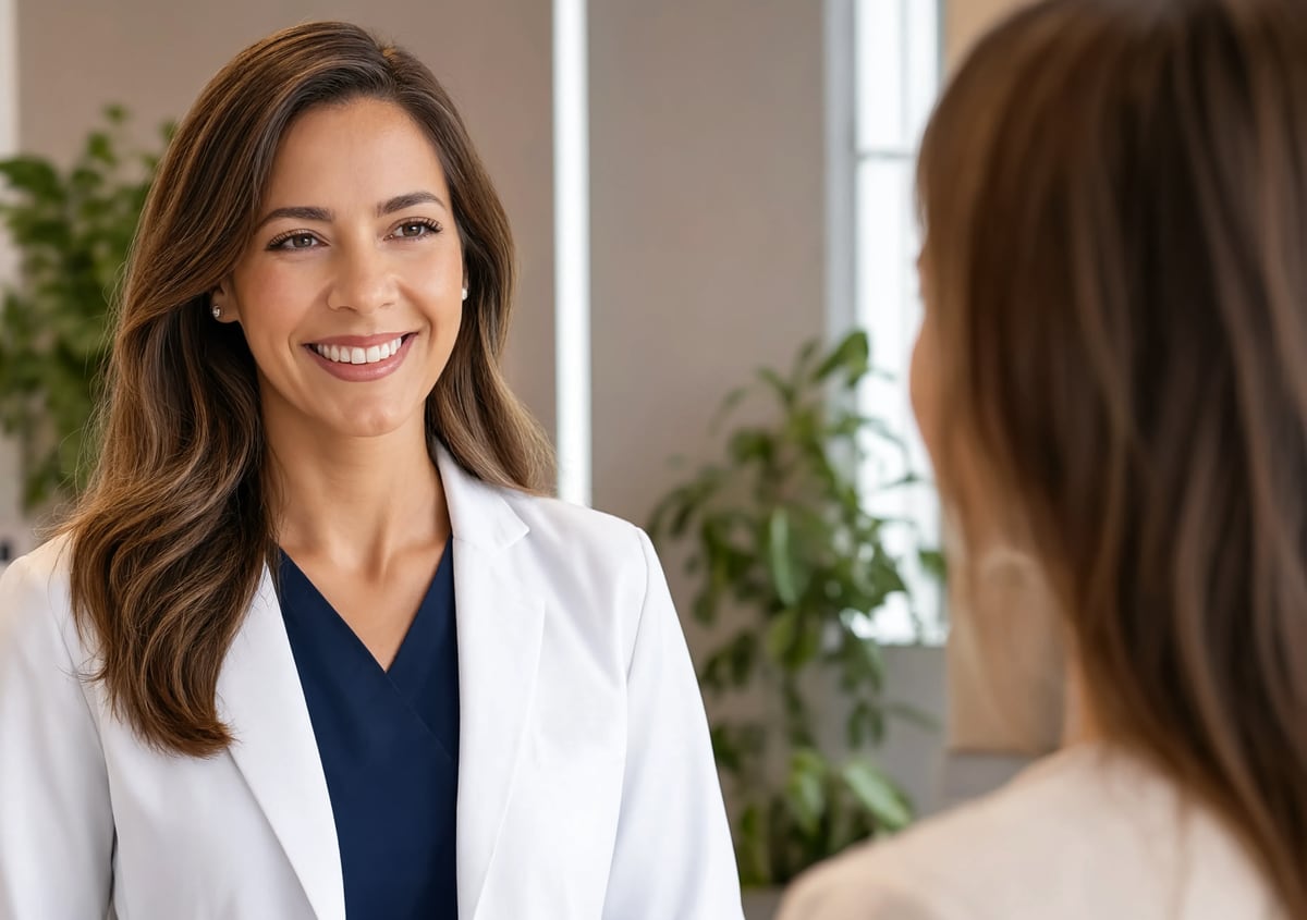 A dentist in a white coat welcoming a patient at the front desk